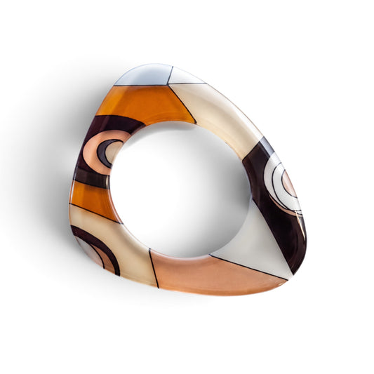 Trebor Style flat acrylic bangle with a hand-painted abstract motif in caramel, cream, and sky blue triangular shape.