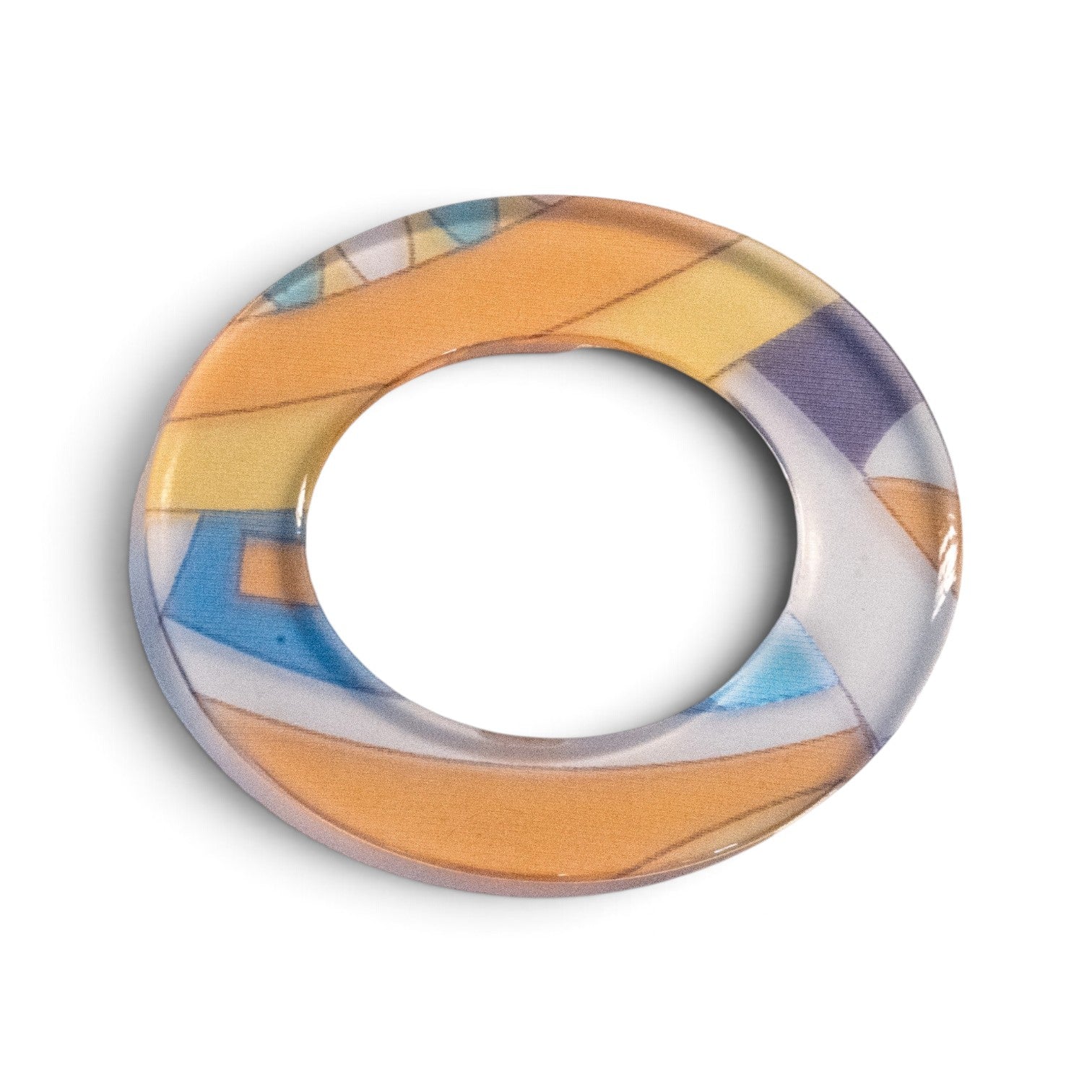 Trebor Style flat acrylic bangle featuring a hand-painted abstract motif in caramel, dusty blue, and cream tones.