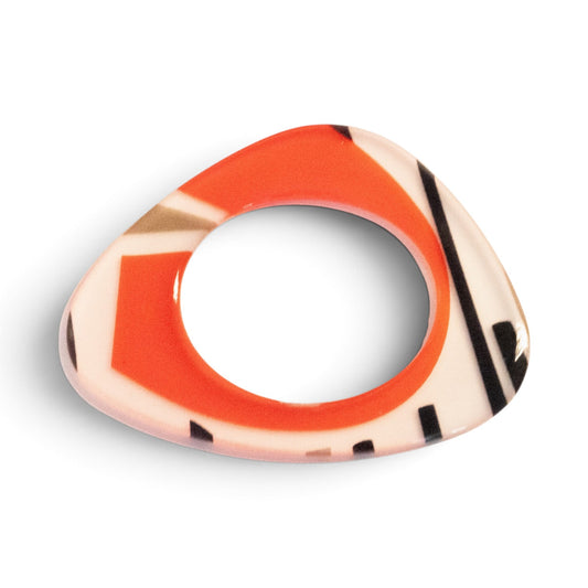 Trebor Style hand-painted flat acrylic bangle in a triangular shape with coral, cream, and caramel abstract motifs.
