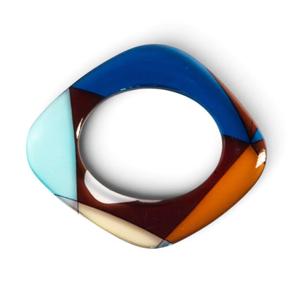 Trebor Style flat acrylic bangle with a triangular silhouette, featuring hand-painted navy, caramel, and mint abstract art