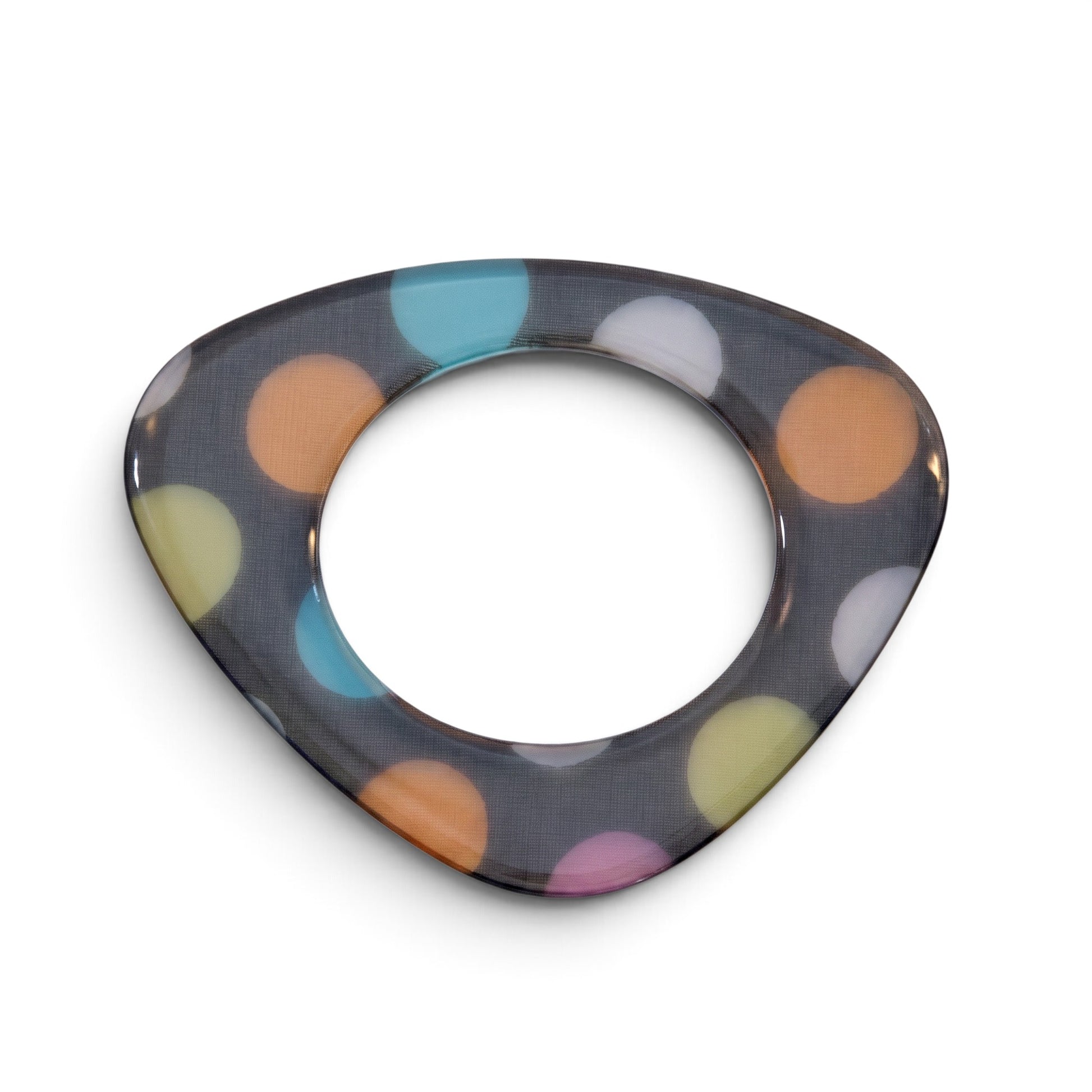 Trebor Style flat acrylic bangle featuring a triangular shape and a hand-painted multicolor polka dot pattern.