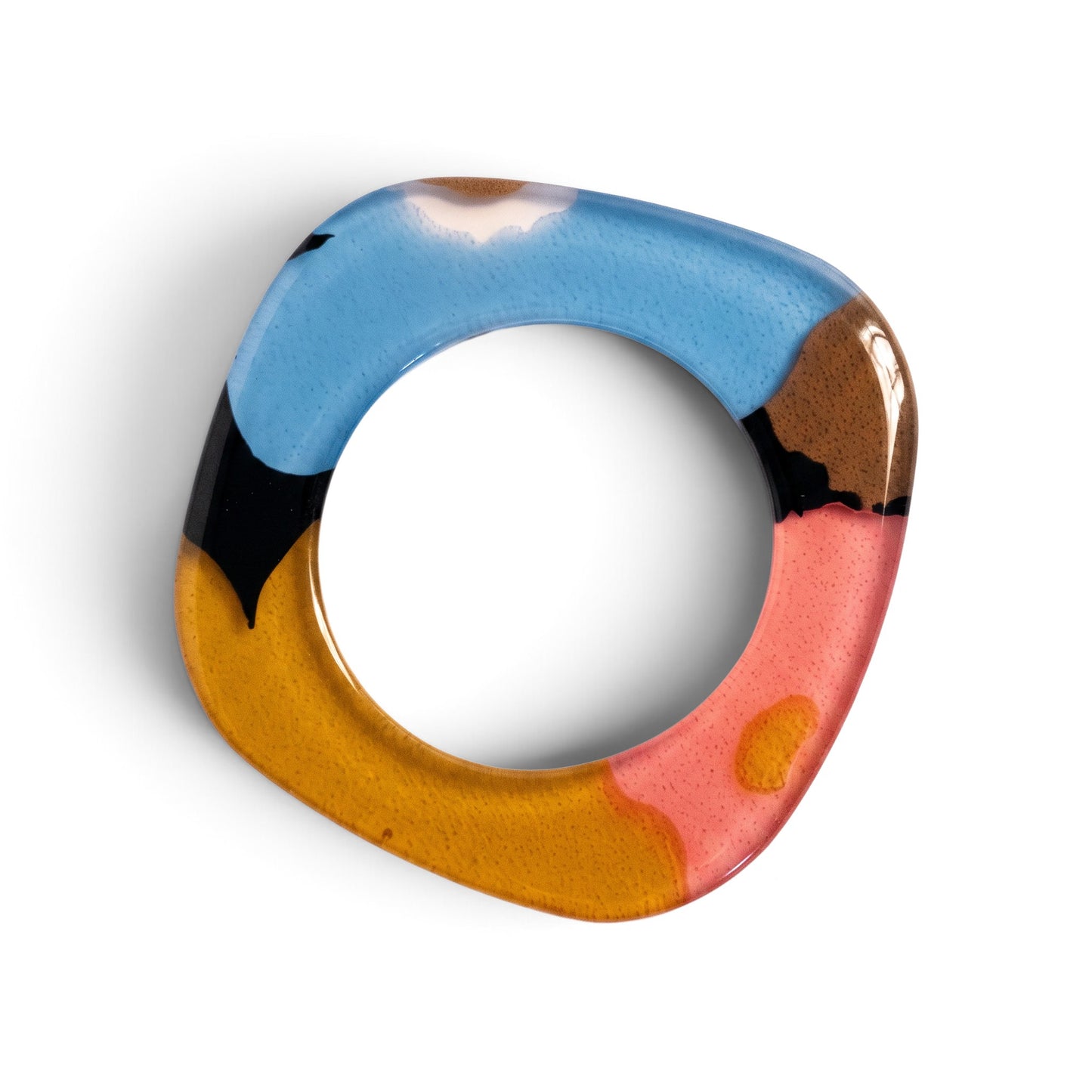 Trebor Style flat acrylic bangle with an organic triangular shape in hand-painted coral, caramel, and sky blue.