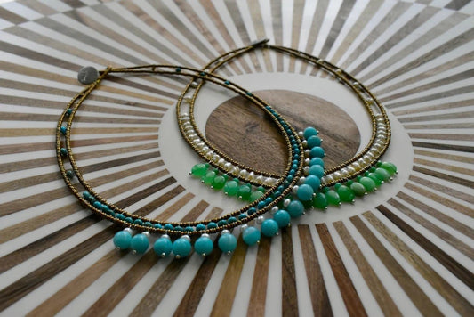 Trebor Style Azure Amazonite Dance necklace featuring turquoise magnesite, water pearls, and Murano glass beads.