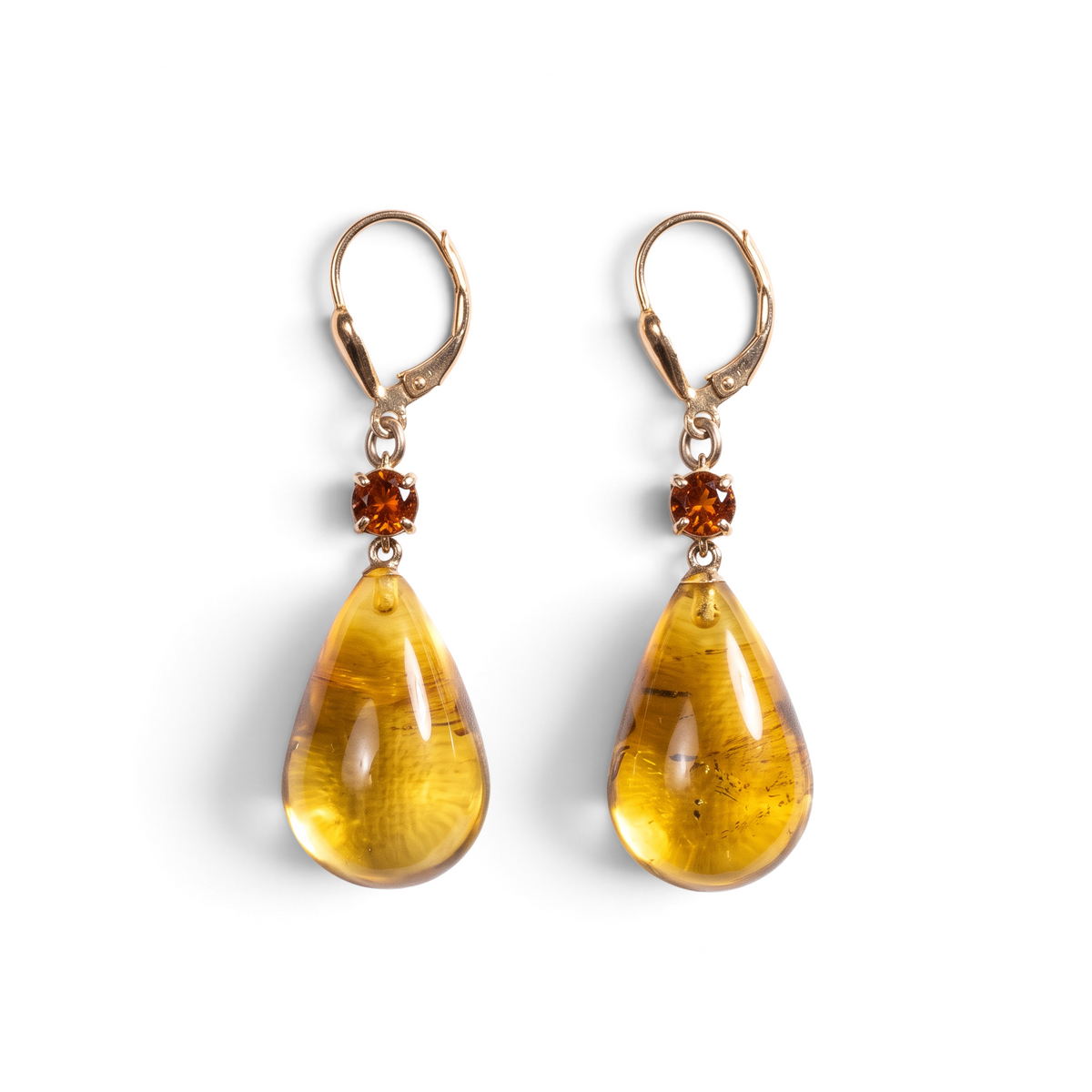 Trebor Style 18k gold drop earrings featuring hand-cut amber gemstones and tourmaline accents with lever-back posts.