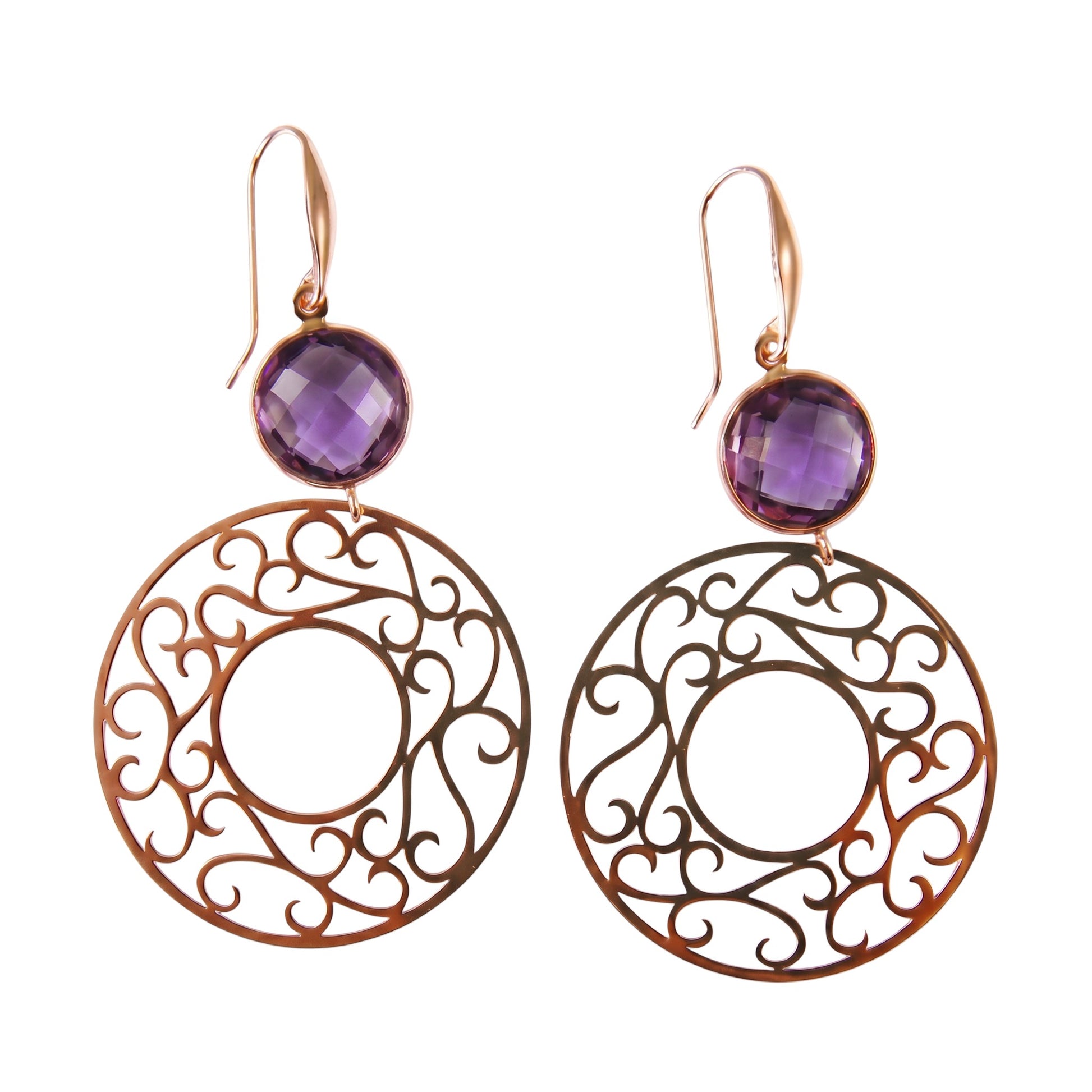 Trebor Style 18k rose gold drop earrings featuring bezel-set purple amethyst gemstones and intricate filigree rings.