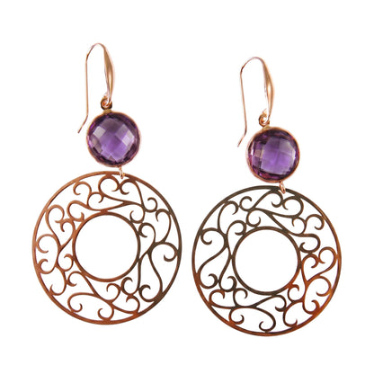 Trebor Style 18k rose gold drop earrings featuring bezel-set purple amethyst gemstones and intricate filigree rings.