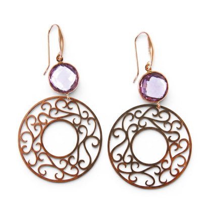 Trebor Style 18k rose gold drop earrings featuring bezel-set purple amethyst gemstones and intricate filigree rings.