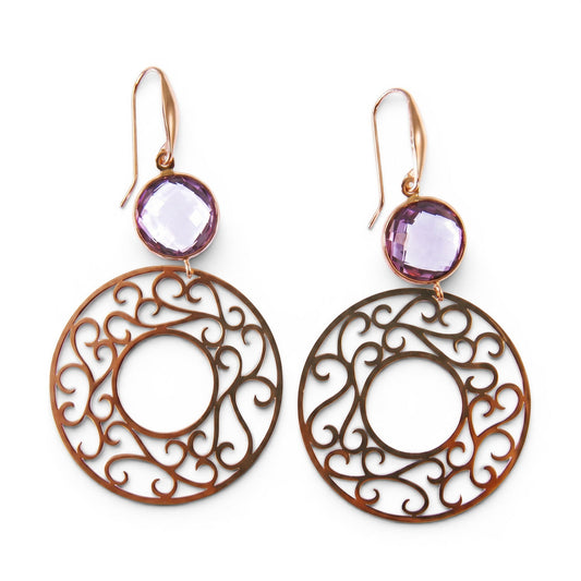 Trebor Style 18k rose gold drop earrings featuring bezel-set purple amethyst gemstones and intricate filigree rings.