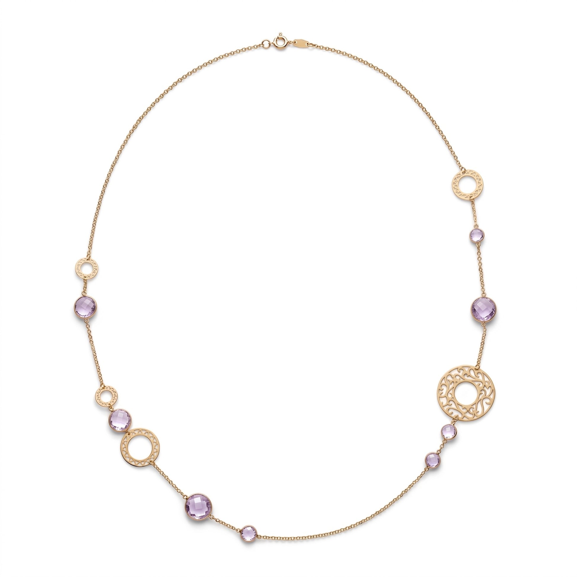 Trebor Style long 18k rose gold necklace featuring faceted amethyst gemstones and intricate filigree gold rings.