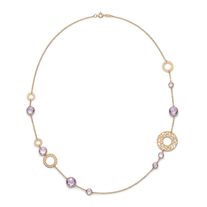 Trebor Style long 18k rose gold necklace featuring faceted amethyst gemstones and intricate filigree gold rings.
