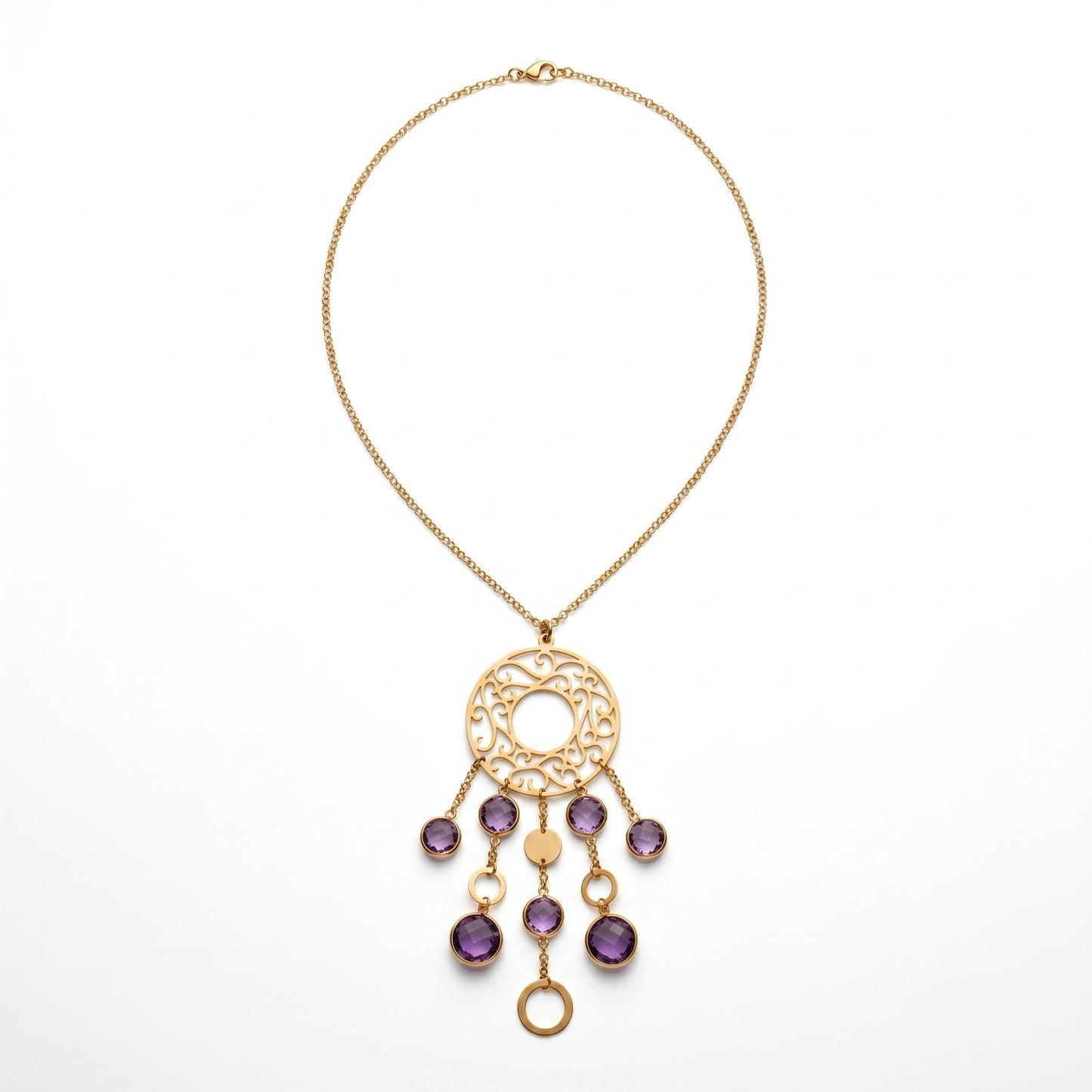 Trebor Style 18k rose gold filigree pendant necklace featuring seven bezel-set faceted purple amethyst gemstones.