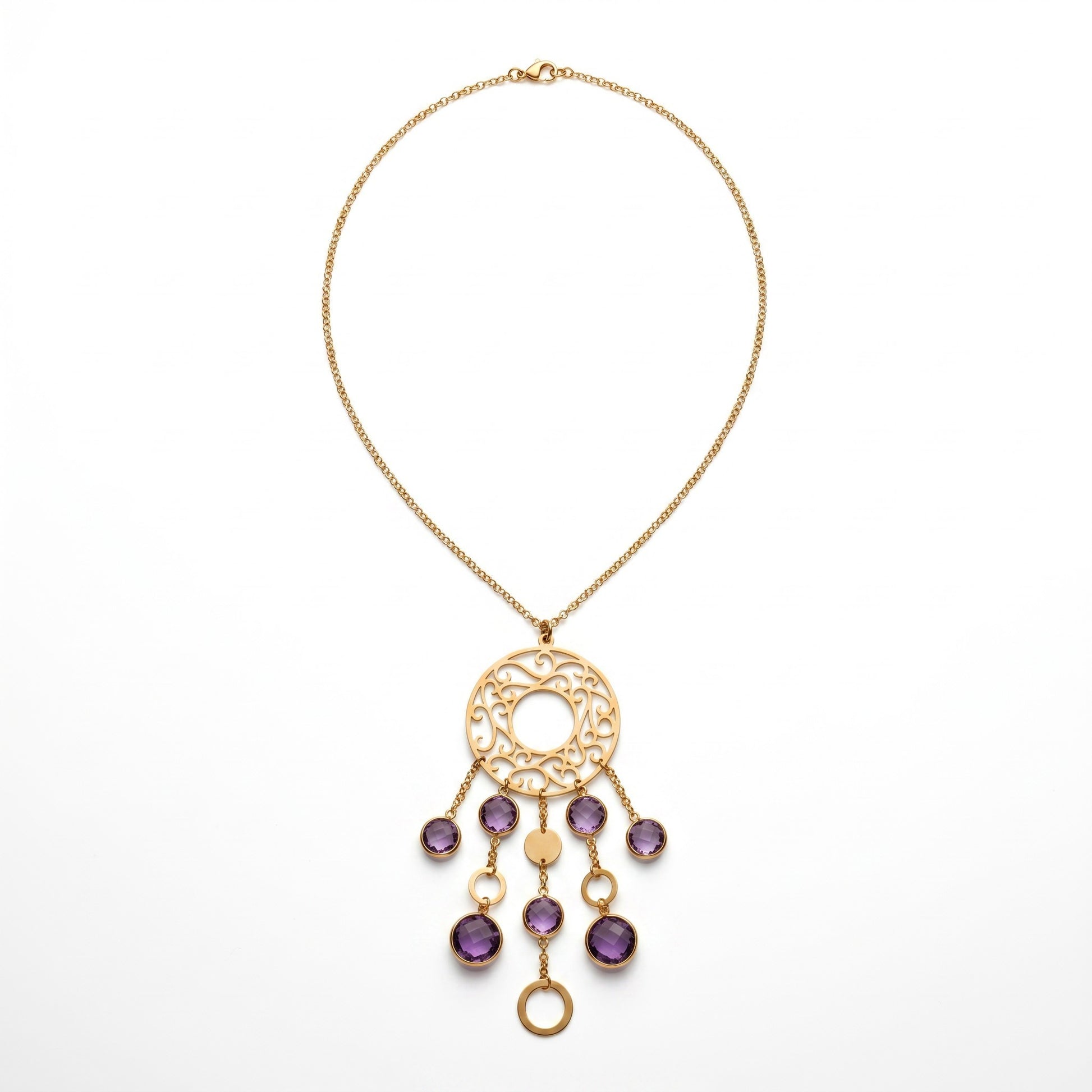 Trebor Style 18k rose gold filigree pendant necklace featuring seven bezel-set faceted purple amethyst gemstones.