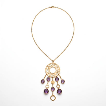 Trebor Style 18k rose gold filigree pendant necklace featuring seven bezel-set faceted purple amethyst gemstones.