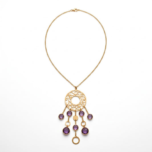 Trebor Style 18k rose gold filigree pendant necklace featuring seven bezel-set faceted purple amethyst gemstones.