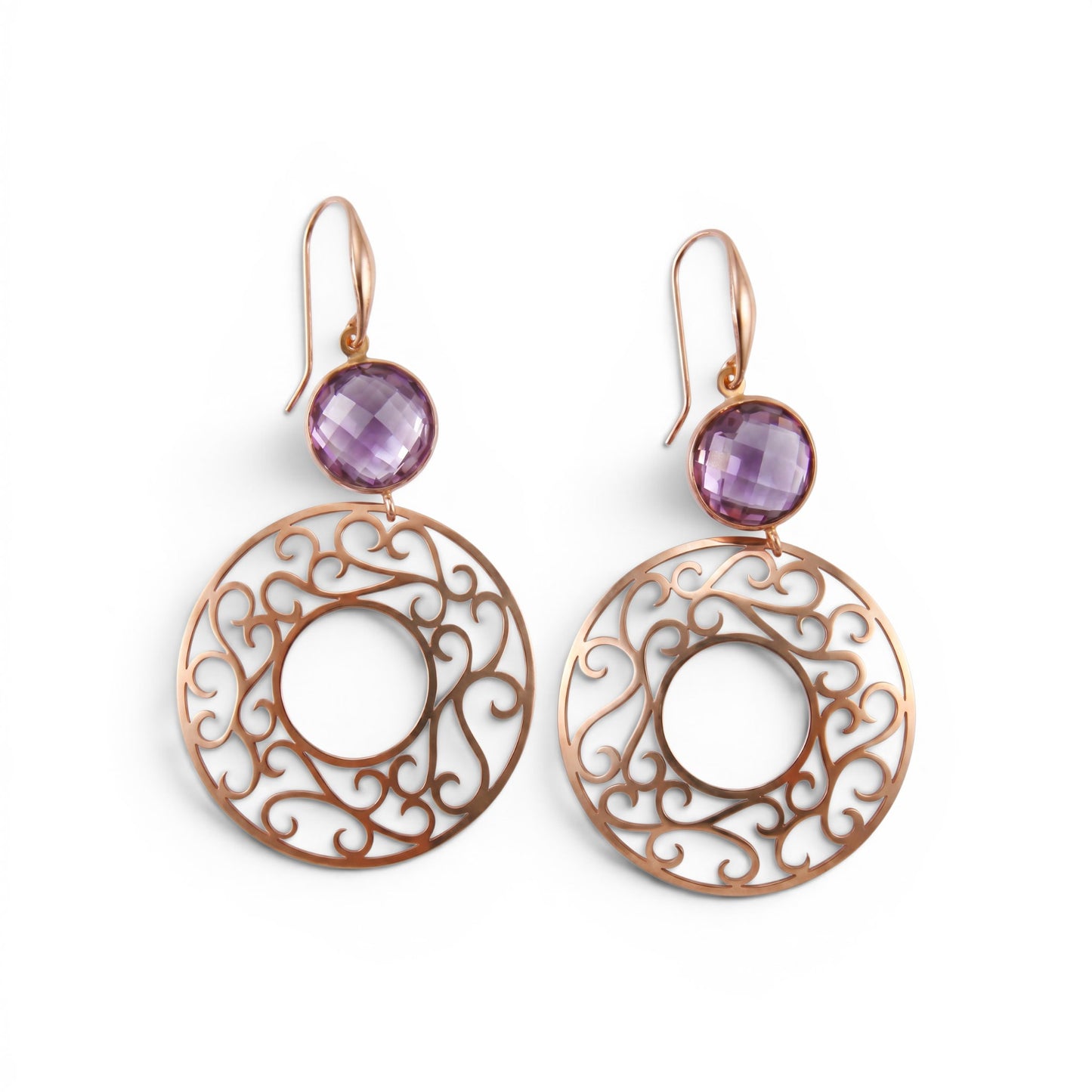 Trebor Style 18k rose gold drop earrings featuring bezel-set purple amethyst gemstones and intricate filigree rings.