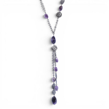 Trebor Style long Y-necklace in dark rhodium sterling silver with purple amethyst gemstones and filigree silver beads.