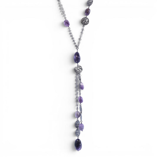 Trebor Style long Y-necklace in dark rhodium sterling silver with purple amethyst gemstones and filigree silver beads.