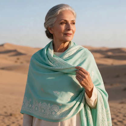 Trebor Style aqua merino wool shawl with intricate ivory embroidery worn by a woman in a desert setting