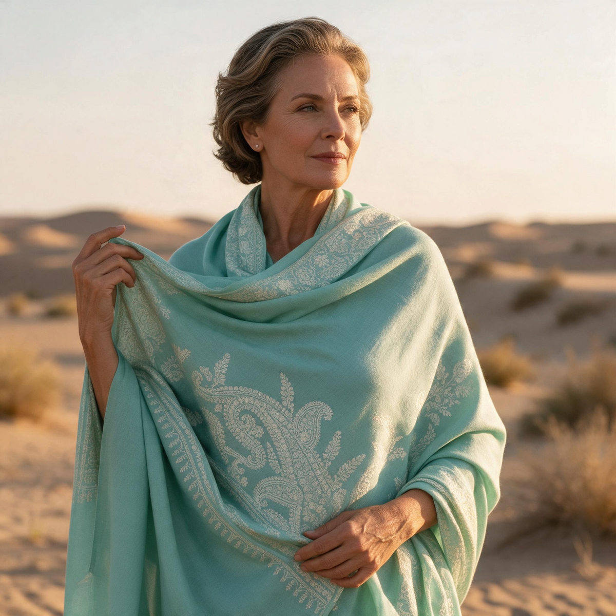 Trebor Style Geeta merino wool shawl in aqua with ivory embroidery, worn by a woman in a desert setting.