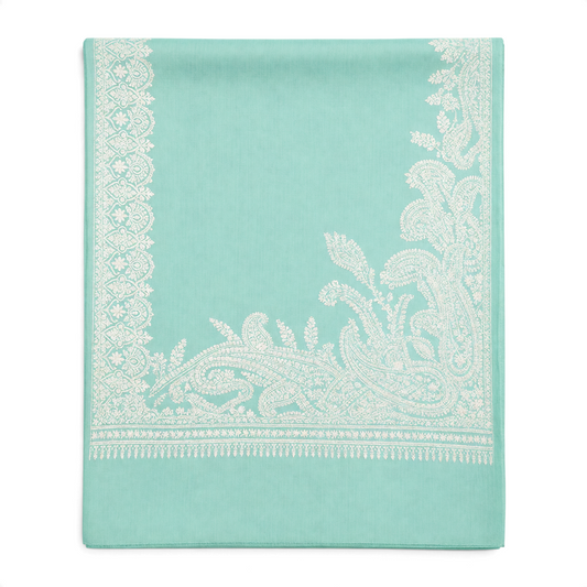 Trebor Style Geeta shawl in aqua merino wool with intricate ivory floral embroidery in a traditional Indian design.