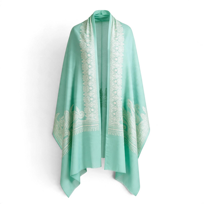Trebor Style Geeta shawl in aqua merino wool with intricate ivory floral embroidery in a traditional Indian design.