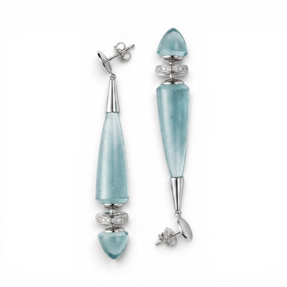 Trebor Style aquamarine and diamond chandelier earrings in 18k white gold with hand-sculpted gemstone drops.