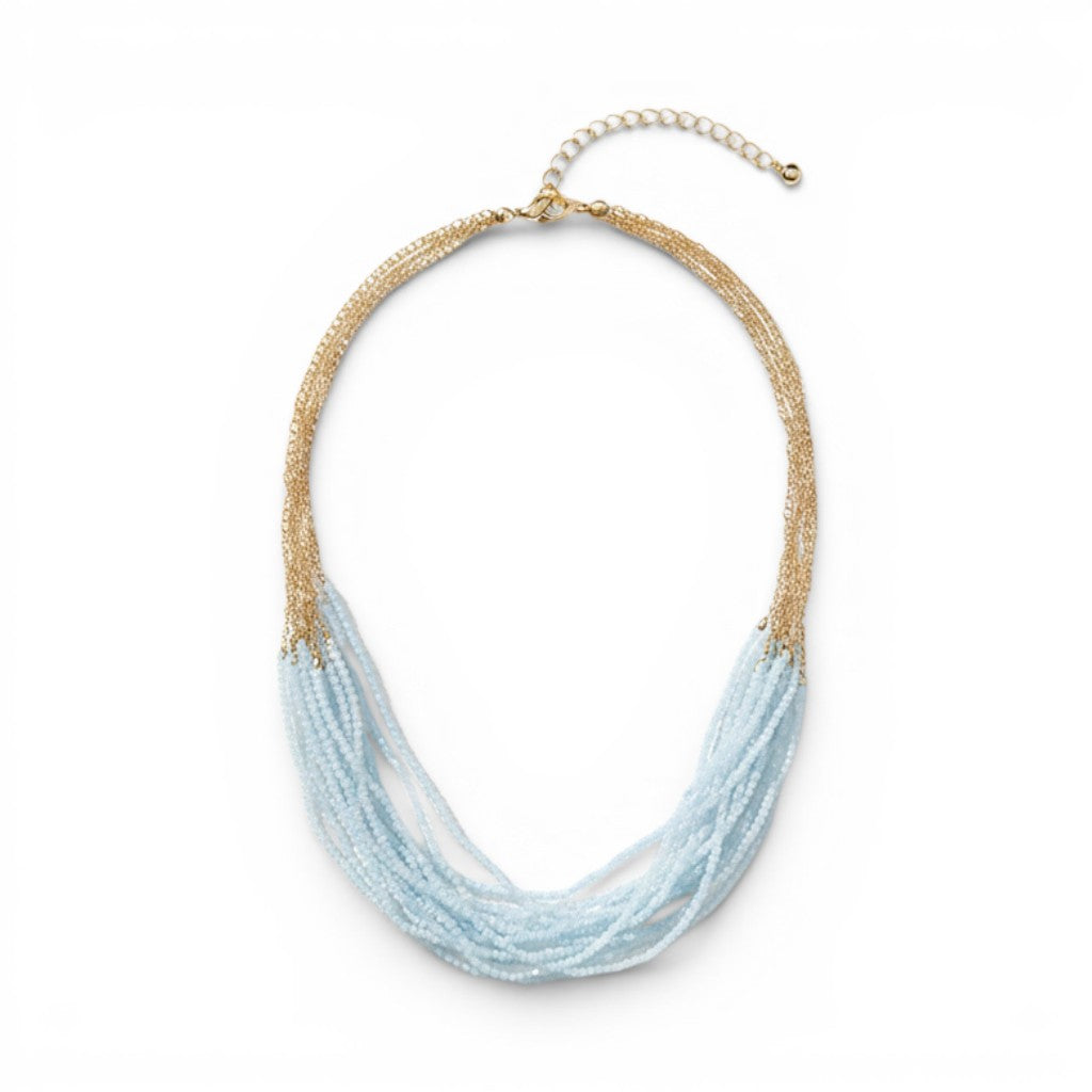 Trebor Style Aquamarine Dolores necklace with 18 strands of blue stones and 14k gold-filled chain with matching earrings