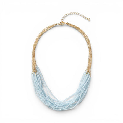 Trebor Style Aquamarine Dolores necklace with 18 strands of blue stones and 14k gold-filled chain with matching earrings