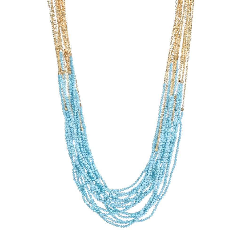 Trebor Style Dolores necklace featuring 18 strands of aquamarine beads and 14k gold-filled cable chains.