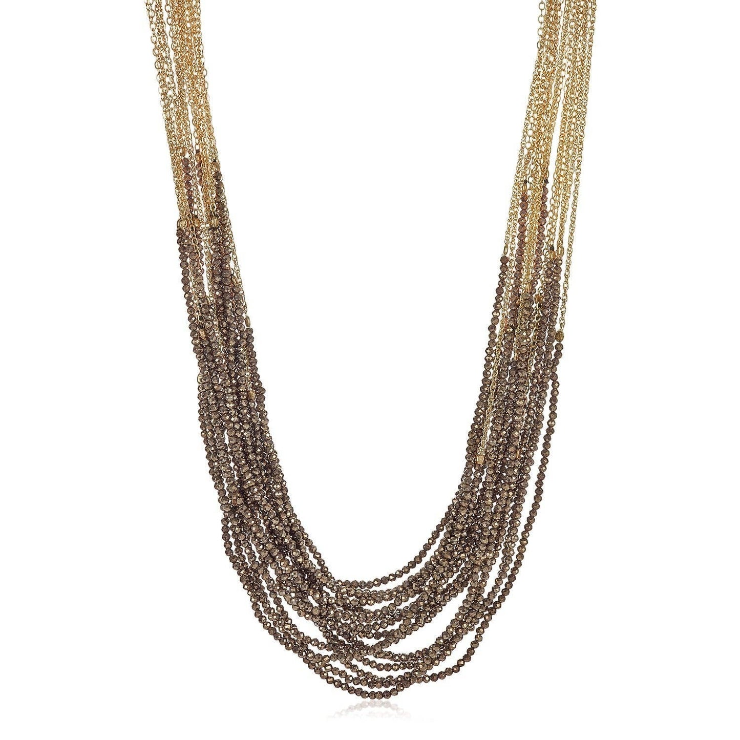 Trebor Style Dolores necklace featuring 18 strands of aquamarine and pyrite beads with a 14k gold-filled cable chain.