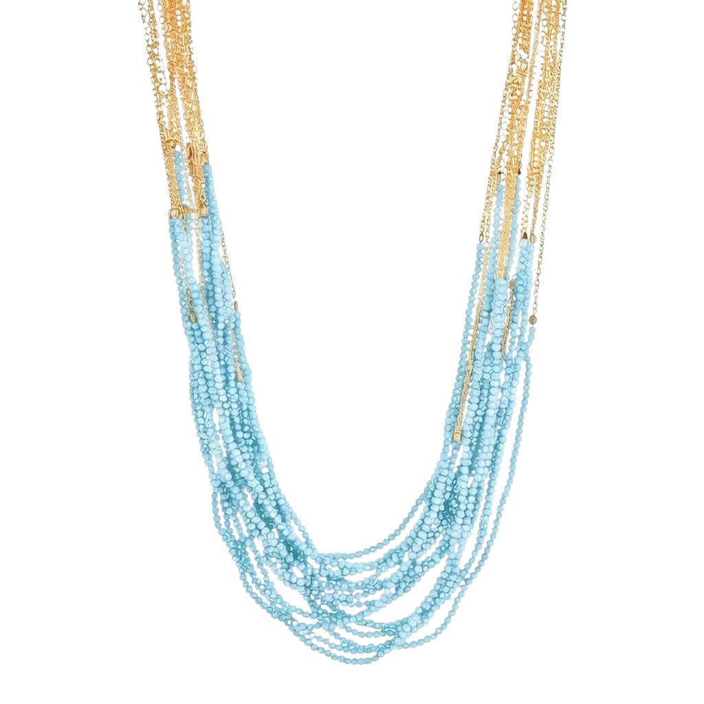 Trebor Style Aquamarine Dolores necklace featuring 18 strands of blue aquamarine beads and 14k gold-filled cable chain.