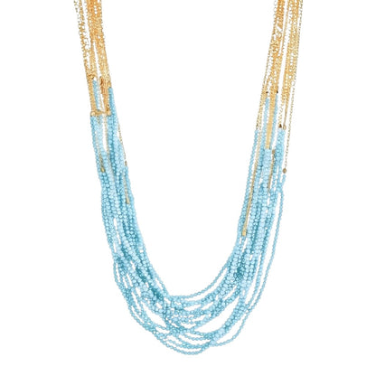 Trebor Style Aquamarine Dolores necklace featuring 18 strands of blue aquamarine beads and 14k gold-filled cable chain.