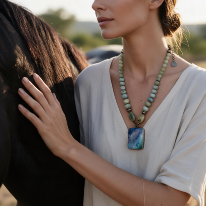 Trebor Style Masha Archer necklace with aquamarine quartz, jade, and a marbled glass pendant worn by a woman.
