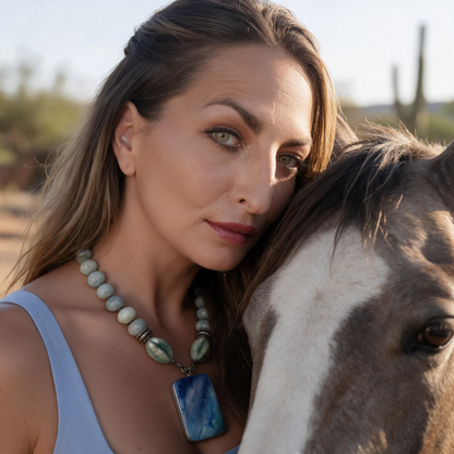 Trebor Style Masha Archer necklace with aquamarine quartz, jade, and marbled glass pendant worn by a woman with a horse