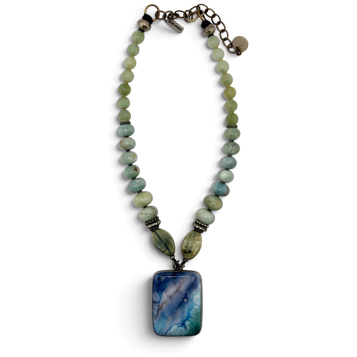 Trebor Style Masha Archer necklace with a marbled glass pendant, aquamarine quartz, jade beads, and ceramic accents.