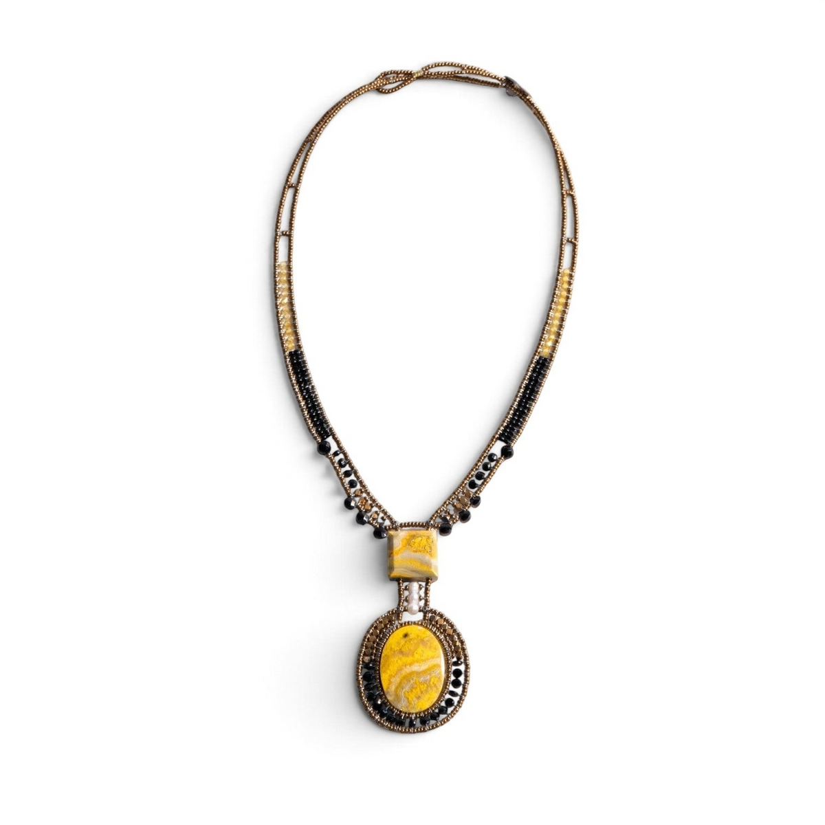Trebor Style Arkanis bumblebee necklace featuring yellow jasper stones, bronze, gold, and black beads with white pearl.