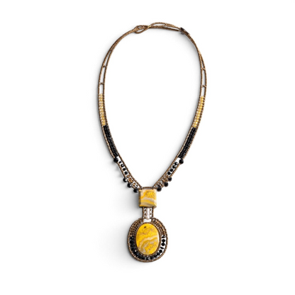 Trebor Style Arkanis bumblebee necklace featuring yellow jasper stones, bronze, gold, and black beads with white pearl.