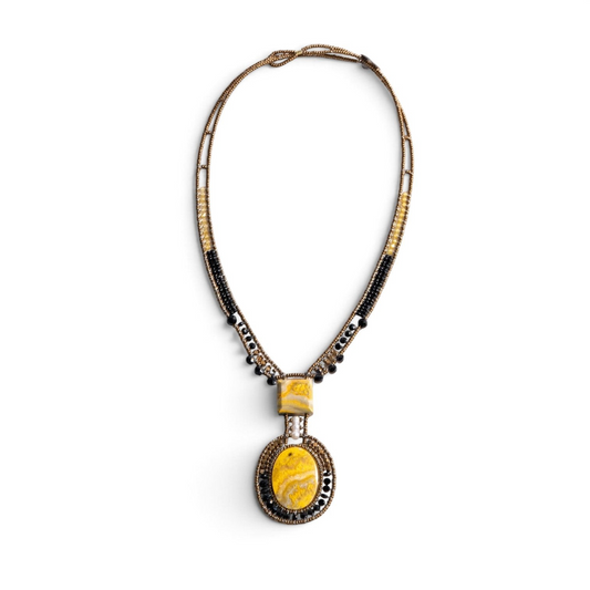 Trebor Style Arkanis bumblebee necklace featuring yellow jasper stones, bronze, gold, and black beads with white pearl.