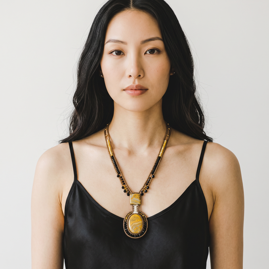 Trebor Style Arkanis long bumblebee necklace featuring yellow jasper, bronze, gold, and black beads on a model