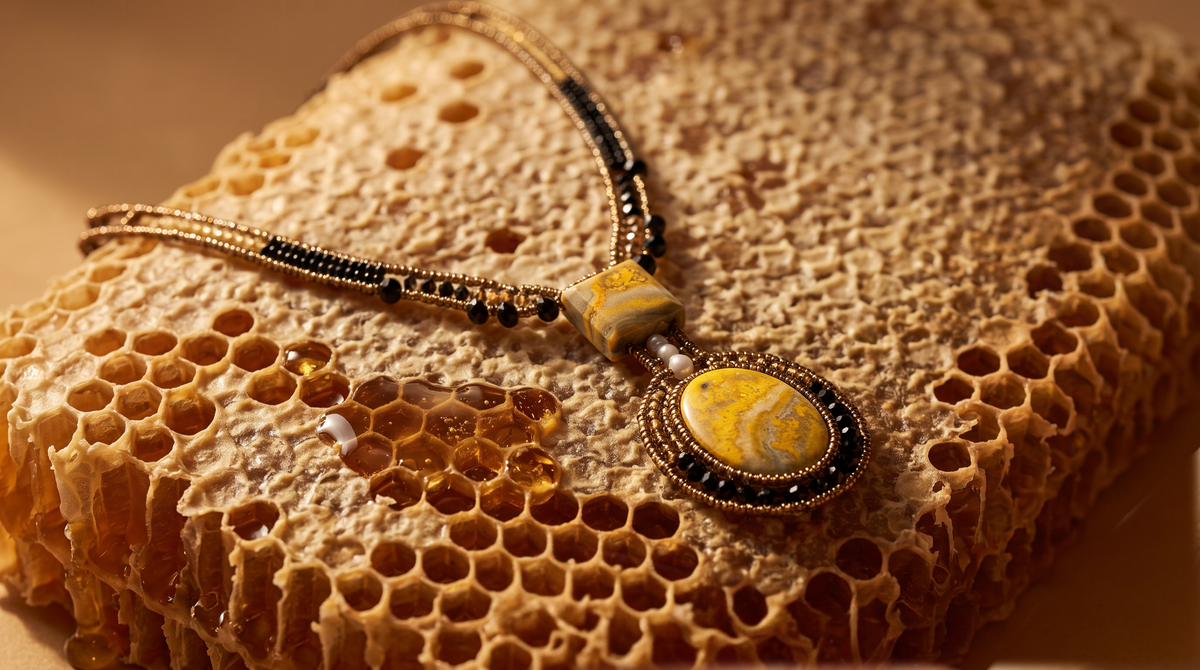 Trebor Style Arkanis bumblebee necklace featuring yellow jasper, bronze, gold, and black beads on a honeycomb base.