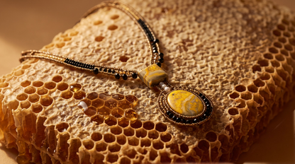 Trebor Style Arkanis bumblebee necklace featuring yellow jasper, bronze, gold, and black beads on a honeycomb base.