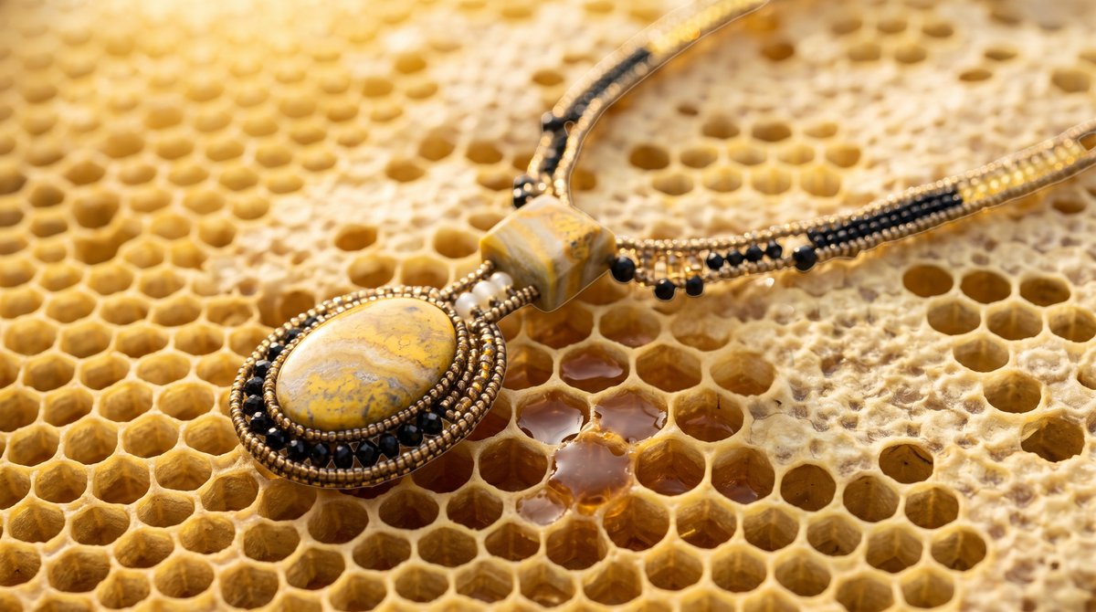 Trebor Style Arkanis bumblebee necklace featuring yellow jasper, bronze beads, and pearl on a honeycomb background.