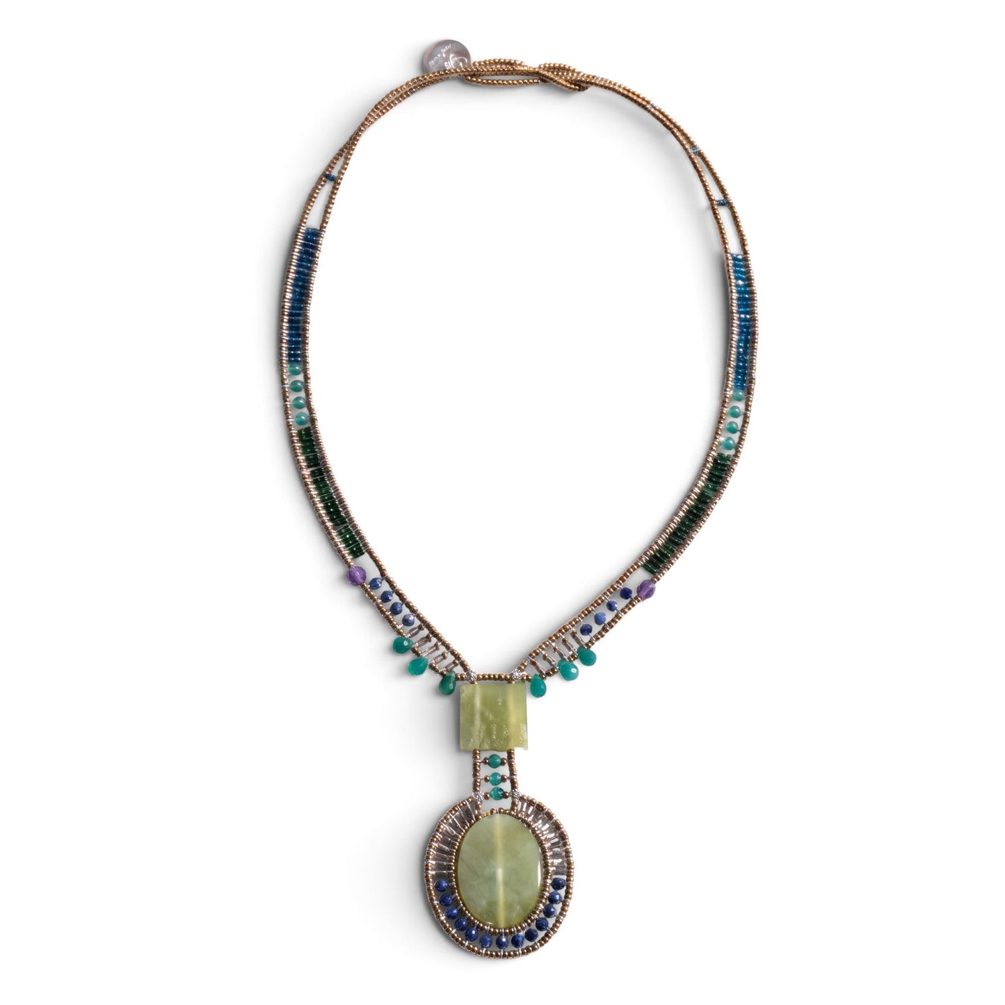 Trebor Style Arkanis long necklace featuring a large green vesuvianite pendant, jade, lapis, and murano glass beads.