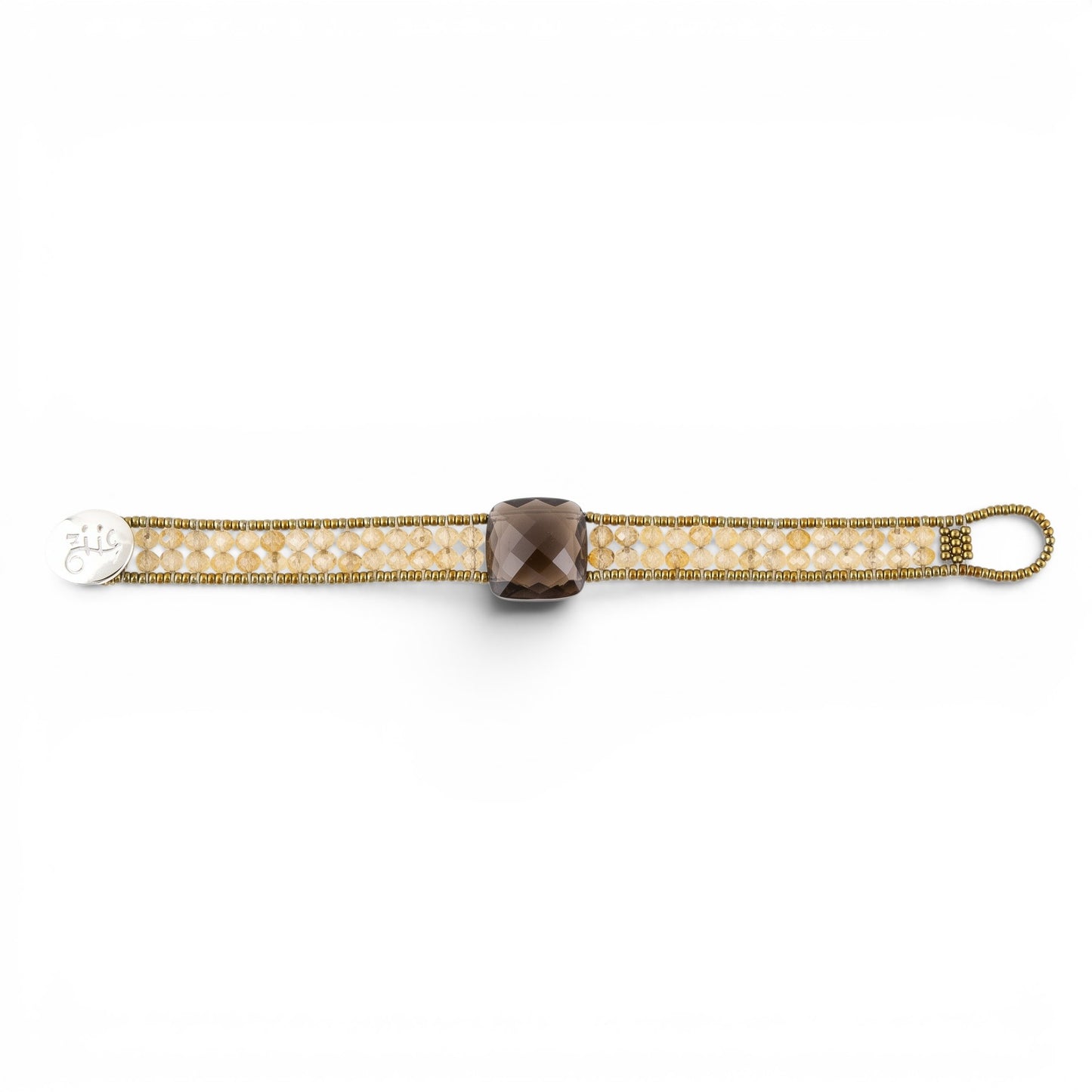 Trebor Style Ziio Armonia tennis bracelet with a central smokey quartz, yellow citrine beads, and gold Murano glass.