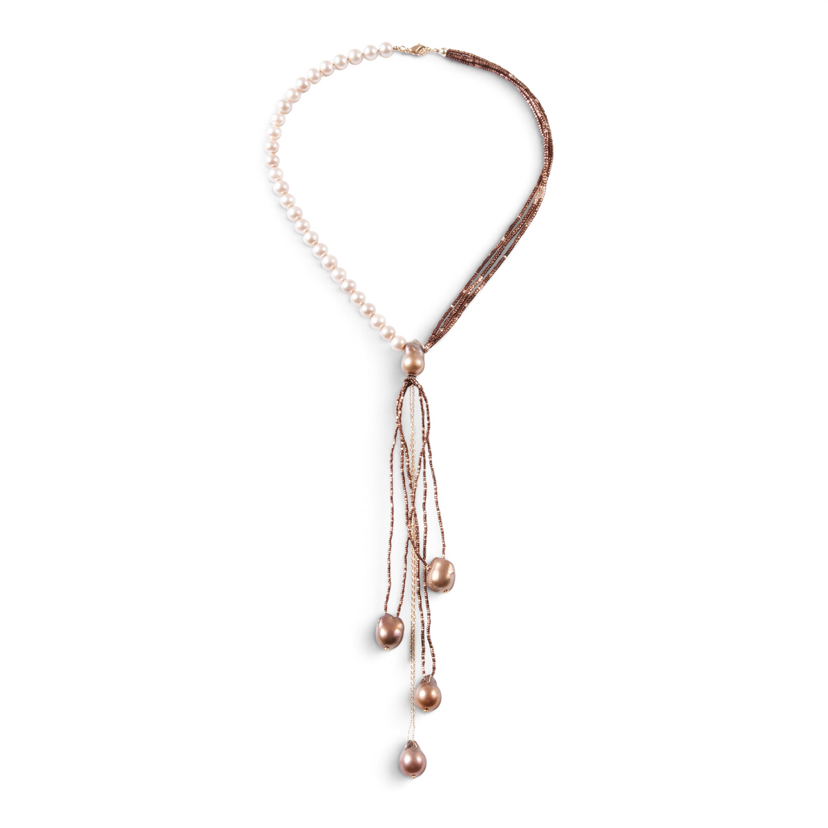 Trebor Style asymmetrical Y-necklace featuring cream freshwater pearls, bronze pyrite beads, and baroque pearl drops.