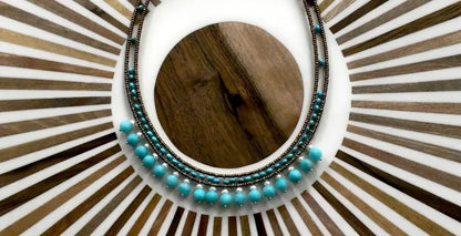 Trebor Style Azure Amazonite Dance Necklace featuring turquoise magnesite, pearls, and Murano glass on steel wire.