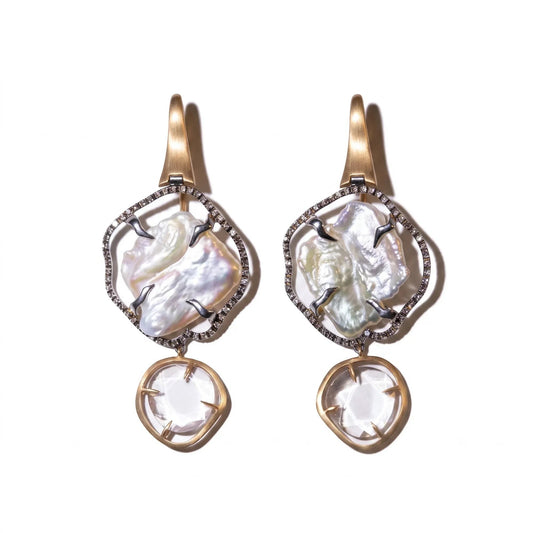 Trebor Style baroque pearl drop earrings with pavé diamonds and a faceted rock crystal accent in brushed gold, handmade in Italy by JJewels