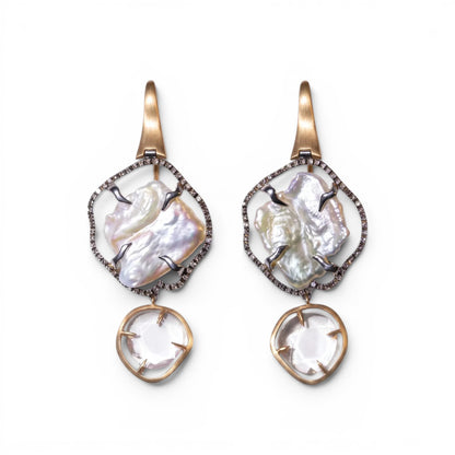 Trebor Style drop earrings featuring baroque pearls, pavé diamonds, and faceted crystals in a brushed gold setting.