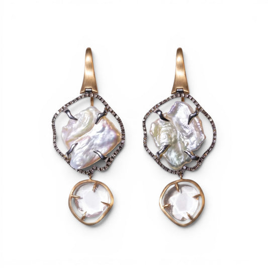 Trebor Style drop earrings featuring baroque pearls, pavé diamonds, and faceted crystals in a brushed gold setting.