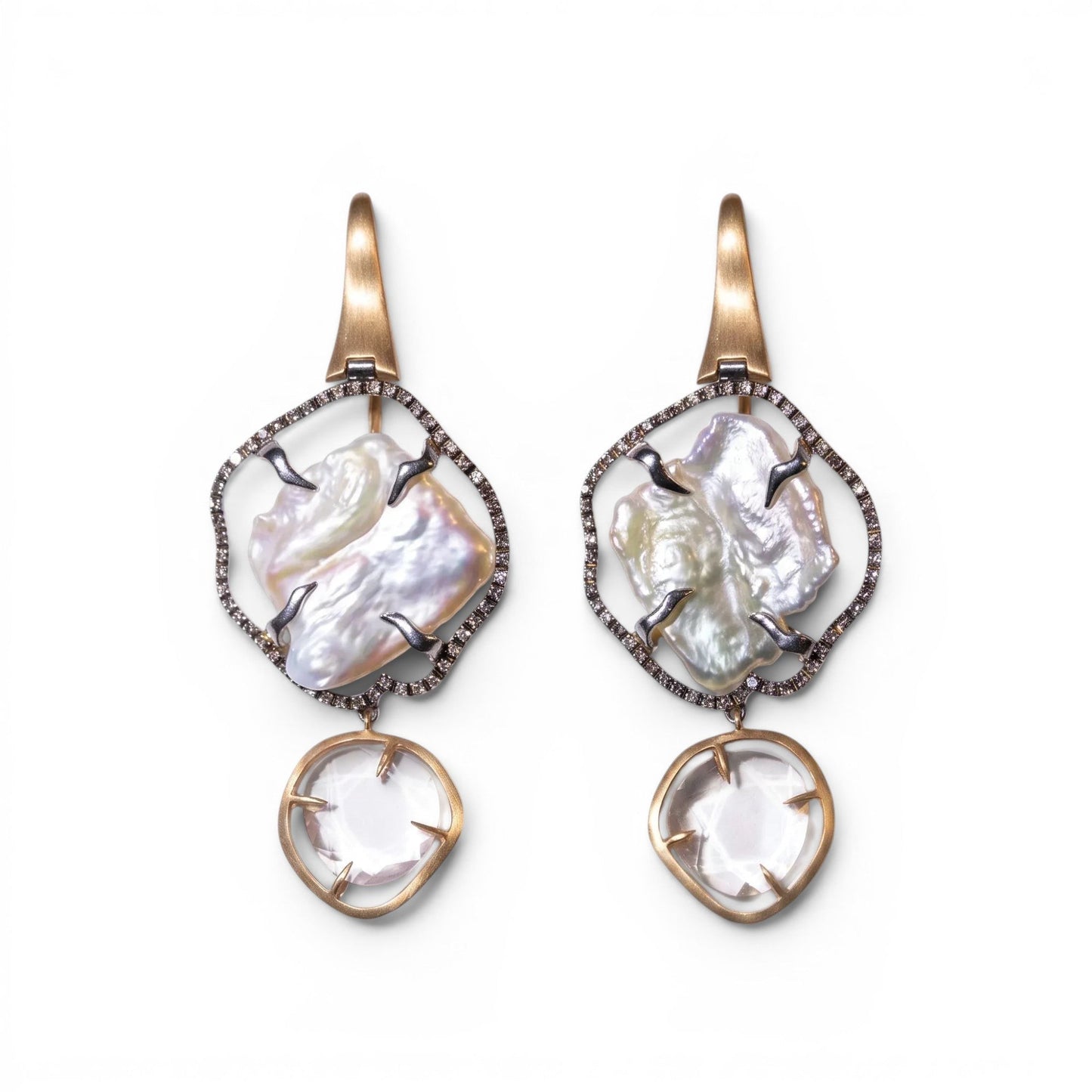 Trebor Style baroque pearl drop earrings with black diamond halo, pink quartz, and 18k rose gold handmade in Italy